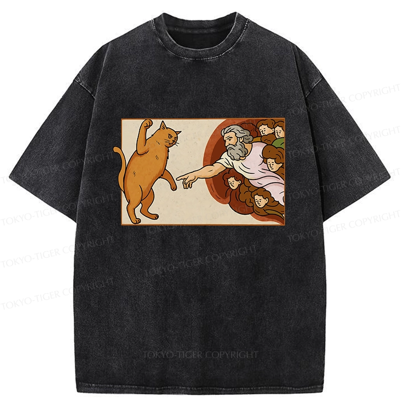 Tokyo-Tiger Naughty Cat Funny Washed T-Shirt
