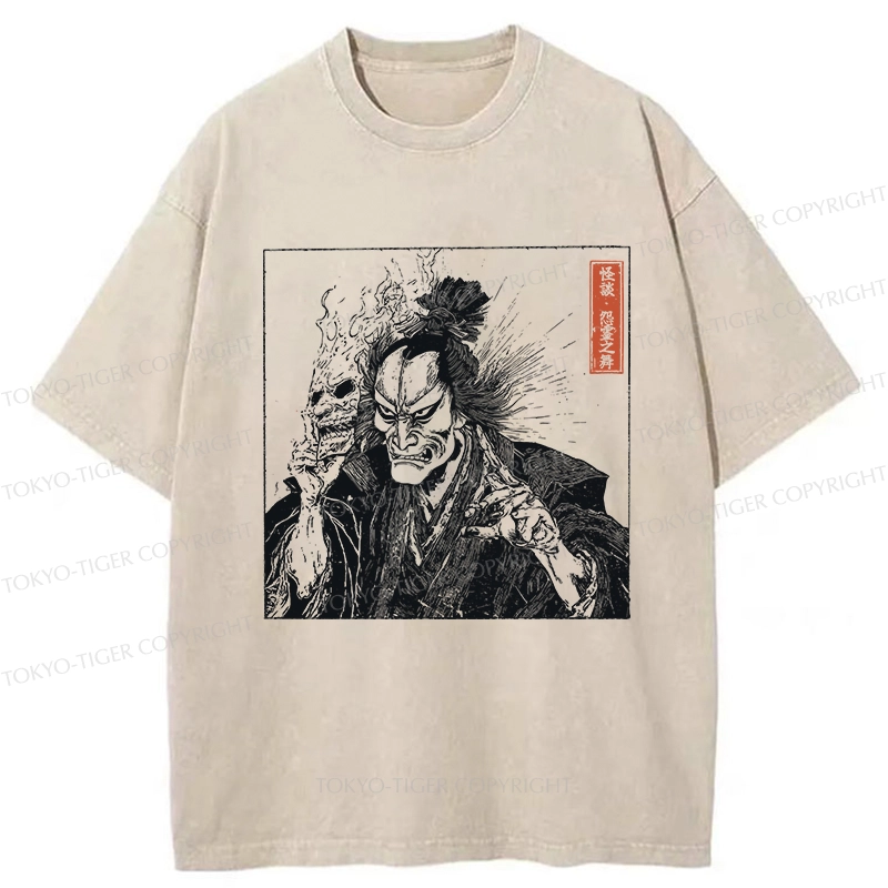 Tokyo-Tiger Samurai Taking Off His Demon Mask Washed T-Shirt