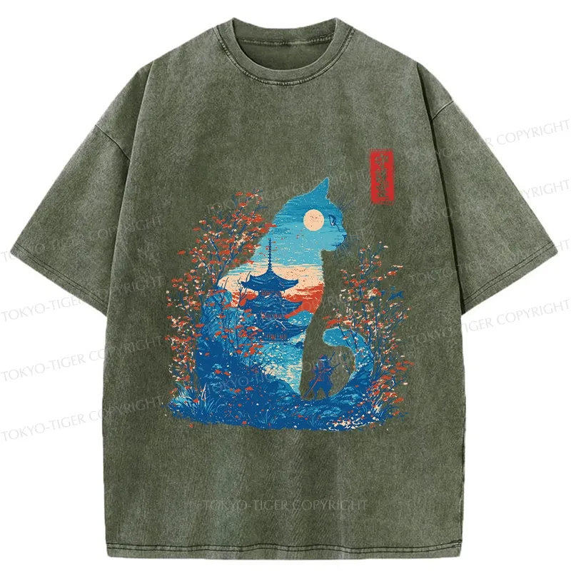 Tokyo-Tiger Cat Guardian Silhouette Washed T-Shirt
