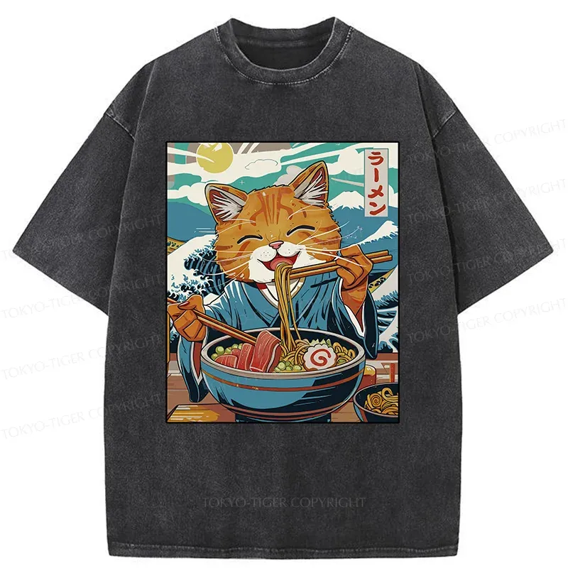 Tokyo-Tiger Orange Cat Eating Ramen Washed T-Shirt