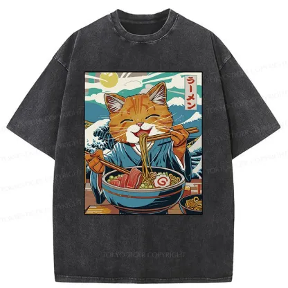 Tokyo-Tiger Orange Cat Eating Ramen Washed T-Shirt