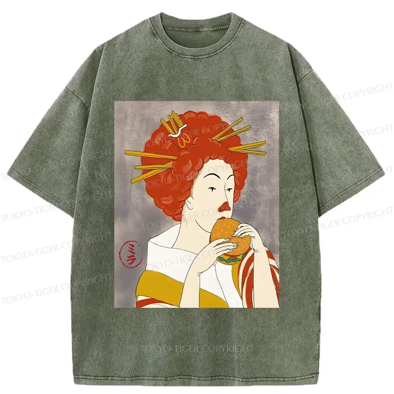 Tokyo-Tiger Japanese Eating Hamburger Washed T-Shirt