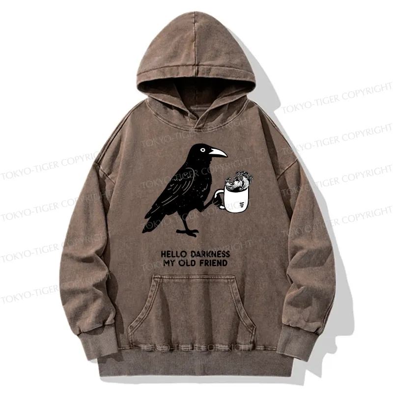 Tokyo-Tiger Crow Drinking Black Coffee Funny Washed Hoodie