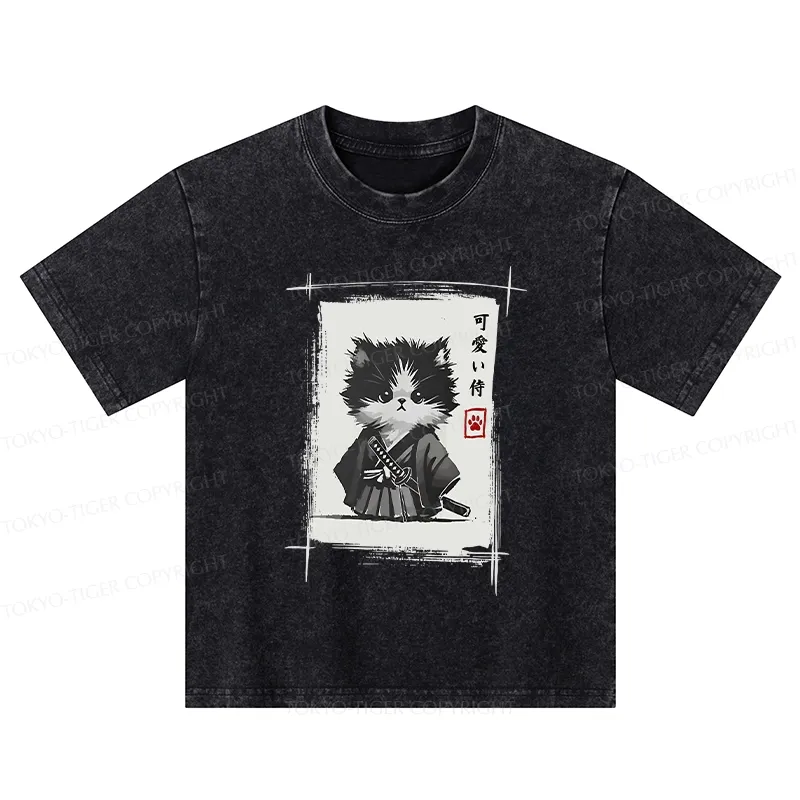Tokyo-Tiger Kitten Samurai Kids Washed T-Shirt