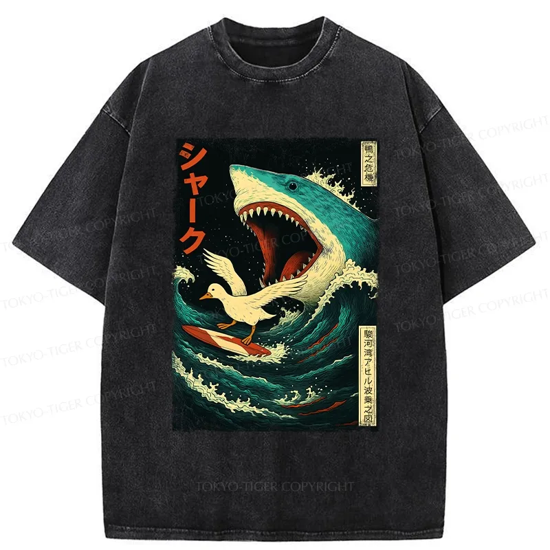 Tokyo-Tiger Duck Riding The Waves Washed T-Shirt