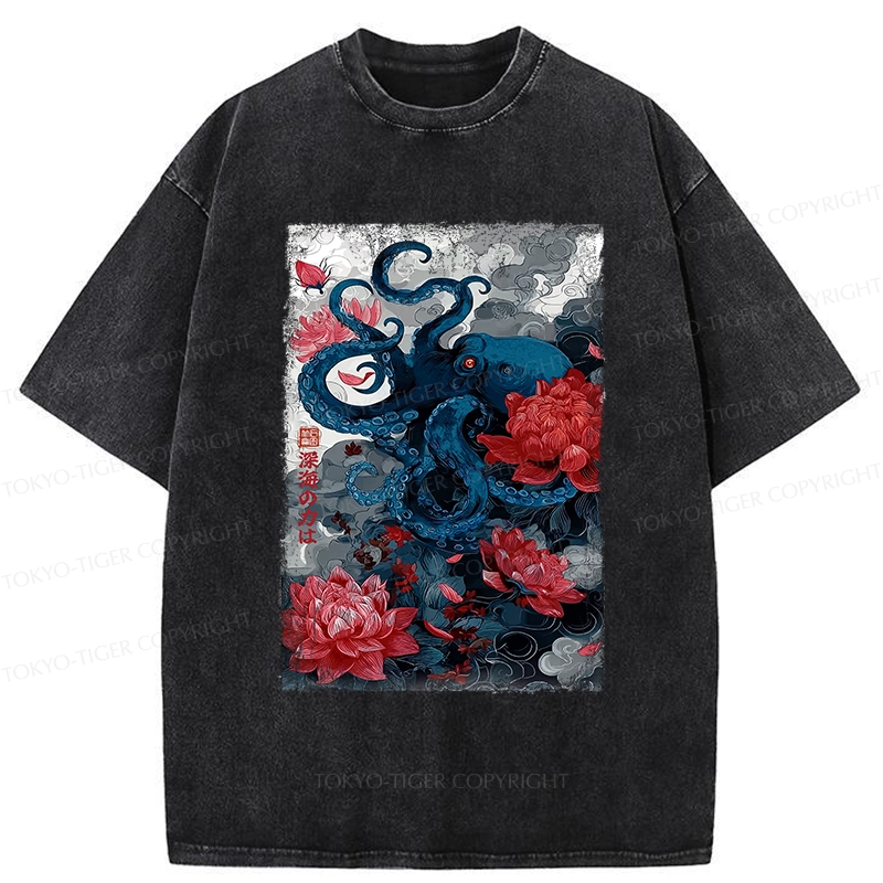 Tokyo-Tiger Deep Sea Retro Octopus Washed T-Shirt