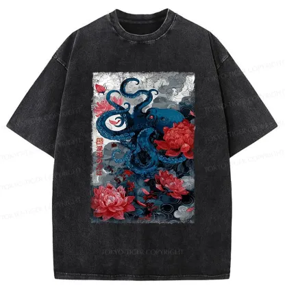 Tokyo-Tiger Deep Sea Retro Octopus Washed T-Shirt