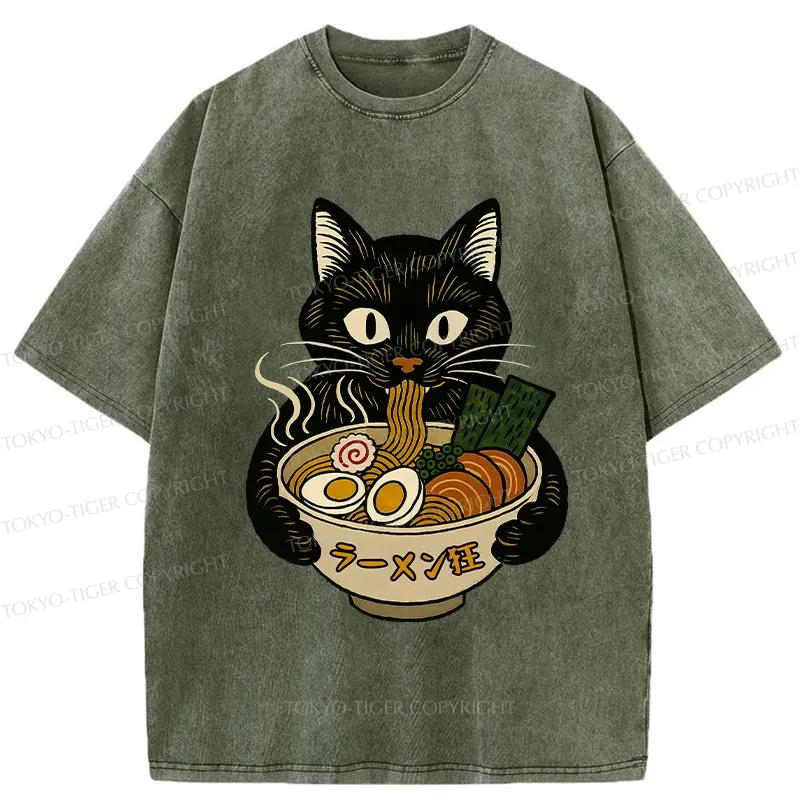 Tokyo-Tiger Ramen Fanatic Cat Washed T-Shirt