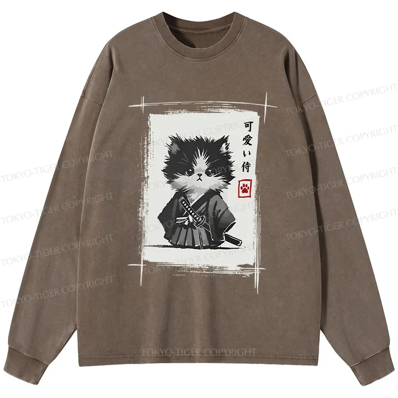 Tokyo-Tiger Kitten Samurai Washed Long Sleeve T-Shirt