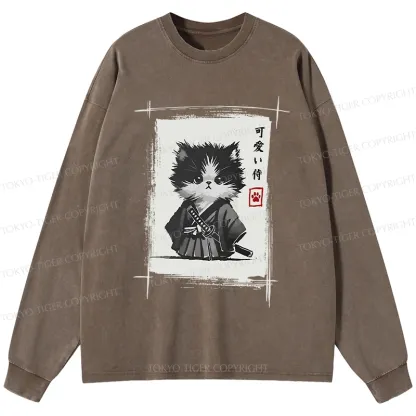 Tokyo-Tiger Kitten Samurai Washed Long Sleeve T-Shirt