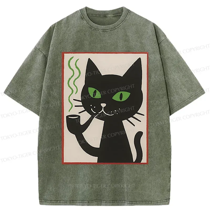 Tokyo-Tiger Black Cat Smoking Washed T-Shirt