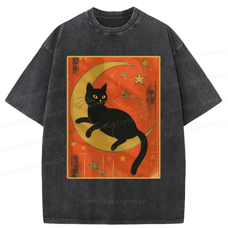 Tokyo-Tiger Black Cat On The Moon Washed T-Shirt