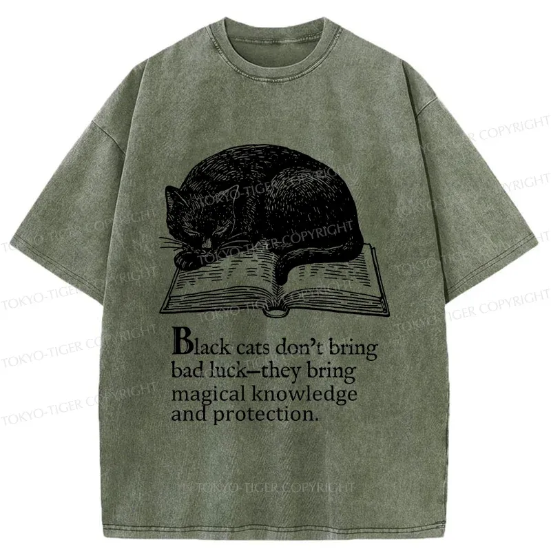 Tokyo-Tiger Black Cat Sleeping On A Book Washed T-Shirt