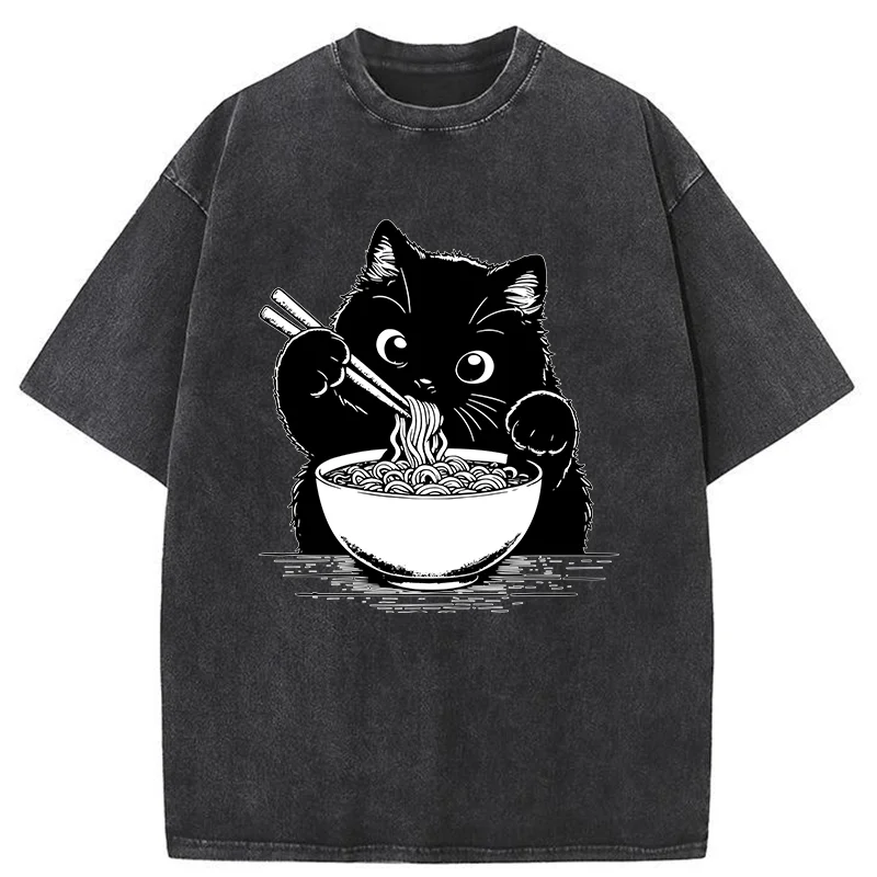Tokyo-Tiger Cute Cat Eating Ramen Washed T-Shirt