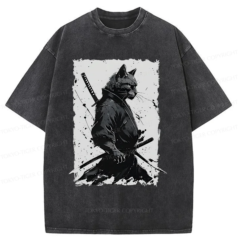Tokyo-Tiger Handsome Samurai Cat Washed T-Shirt