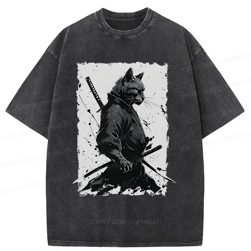 Tokyo-Tiger Handsome Samurai Cat Washed T-Shirt