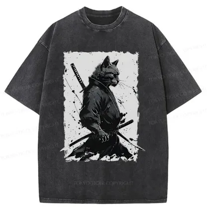Tokyo-Tiger Handsome Samurai Cat Washed T-Shirt