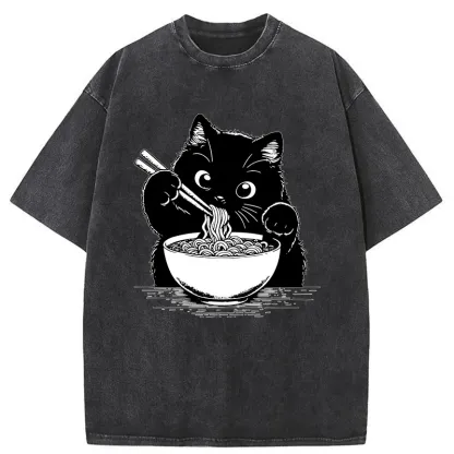 Tokyo-Tiger Cute Cat Eating Ramen Washed T-Shirt