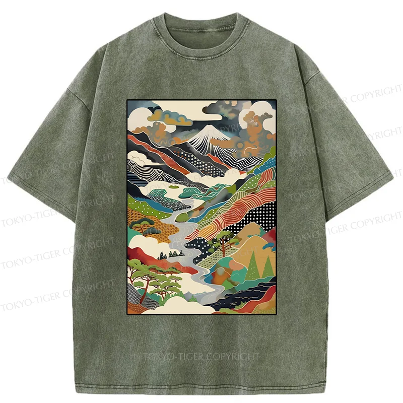 Tokyo-Tiger Japanese Mountain Scenery Washed T-Shirt