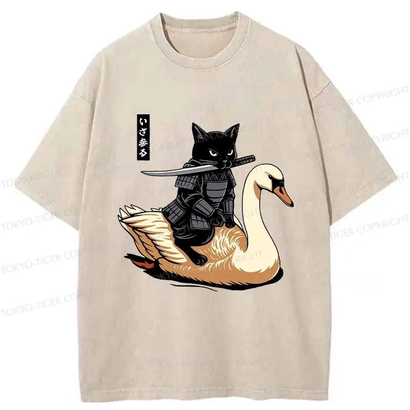 Tokyo-Tiger Black Cat Samurai Riding A Goose Washed T-Shirt