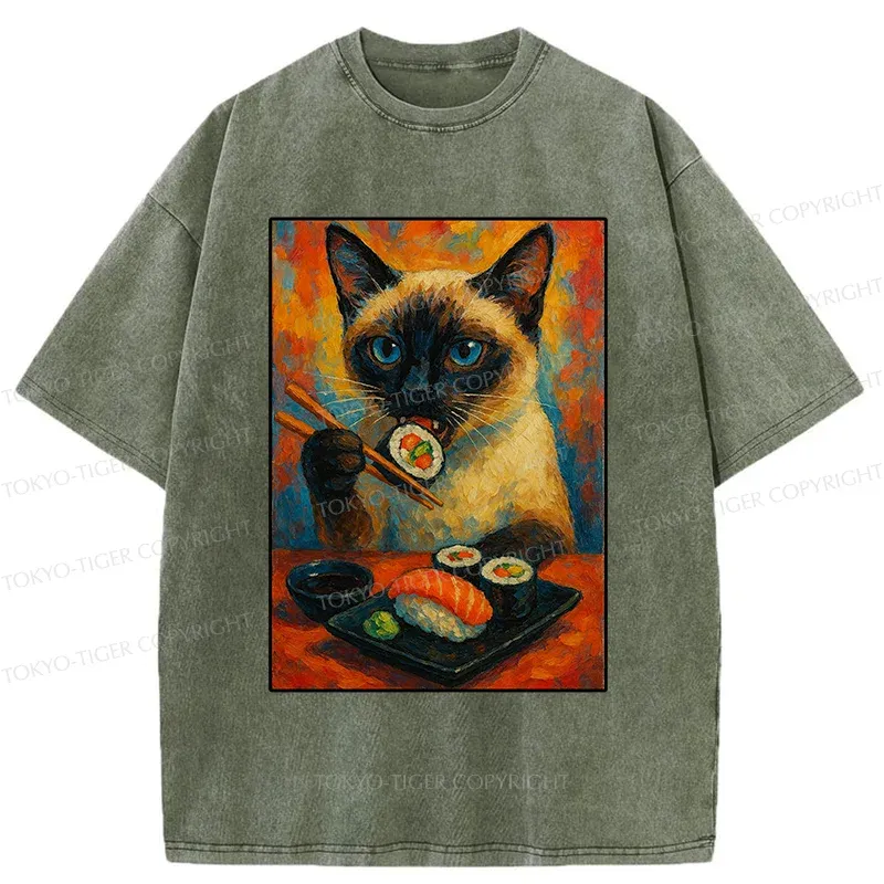 Tokyo-Tiger Siamese Cat Eating Sushi Washed T-Shirt
