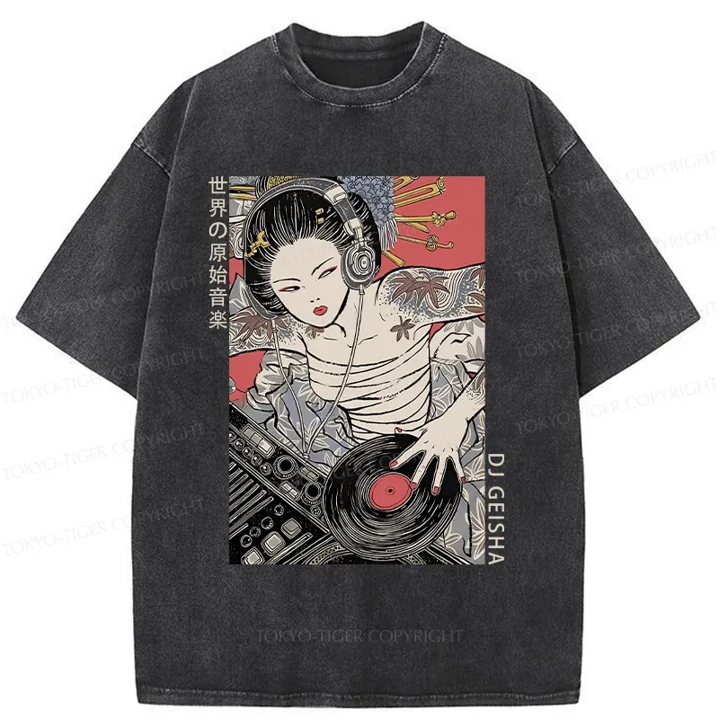 Tokyo-Tiger Geisha DJ Funny Washed T-Shirt