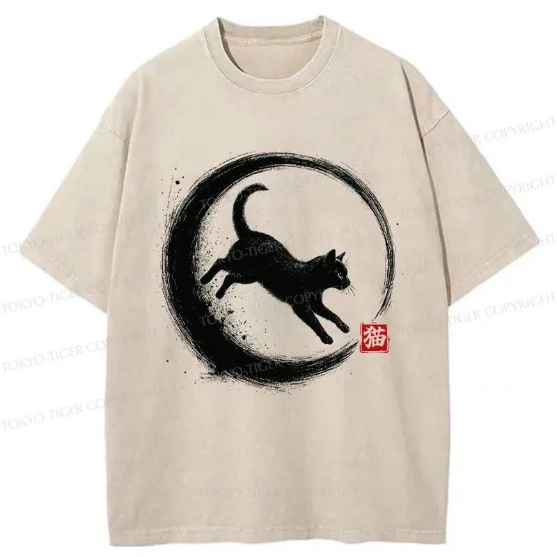 Tokyo-Tiger Retro Cat Enso Japanese Washed T-Shirt