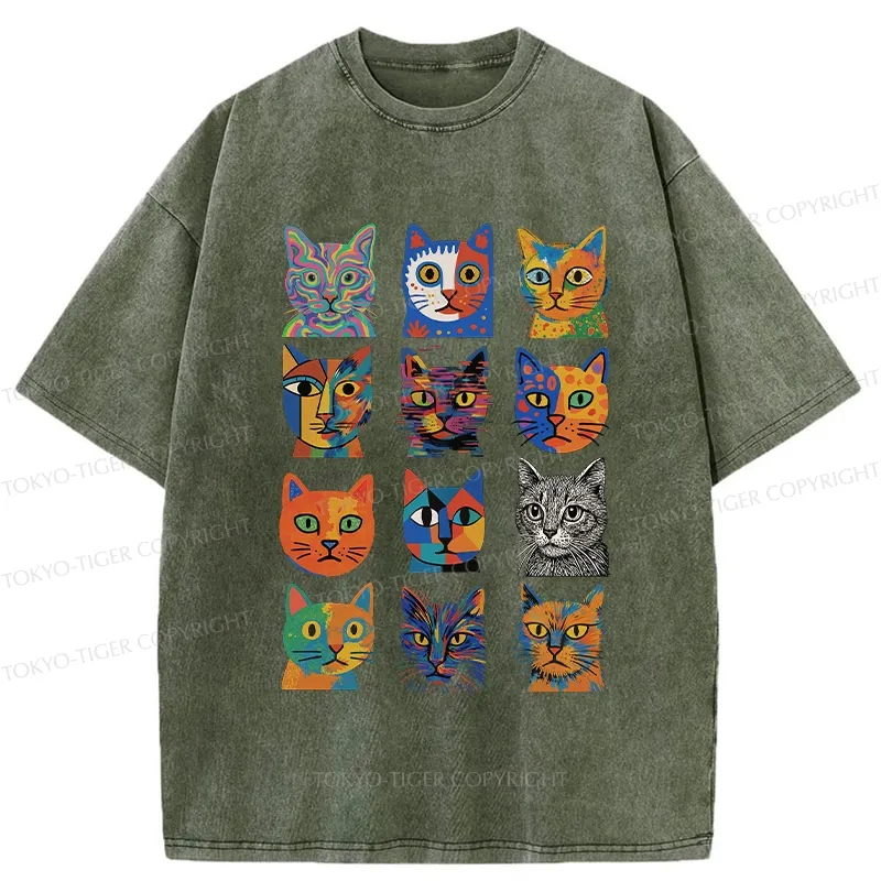 Tokyo-Tiger Abstract Cats Collection Washed T-Shirt