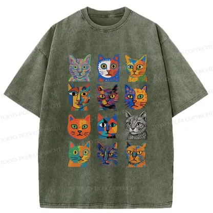 Tokyo-Tiger Abstract Cats Collection Washed T-Shirt
