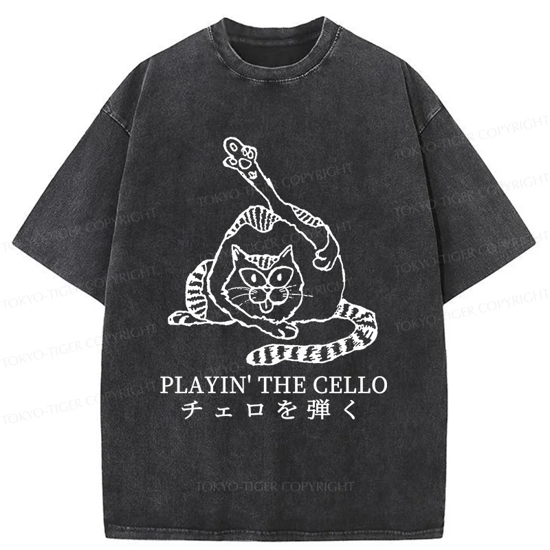Tokyo-Tiger Cat Playing Cello Washed T-Shirt