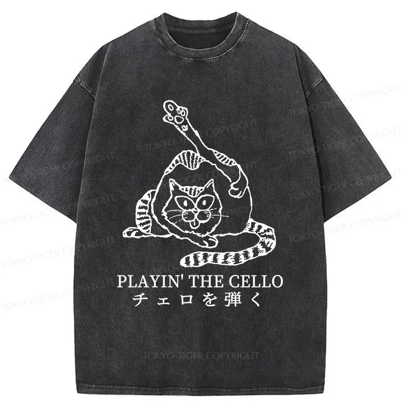 Tokyo-Tiger Cat Playing Cello Washed T-Shirt
