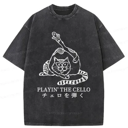 Tokyo-Tiger Cat Playing Cello Washed T-Shirt