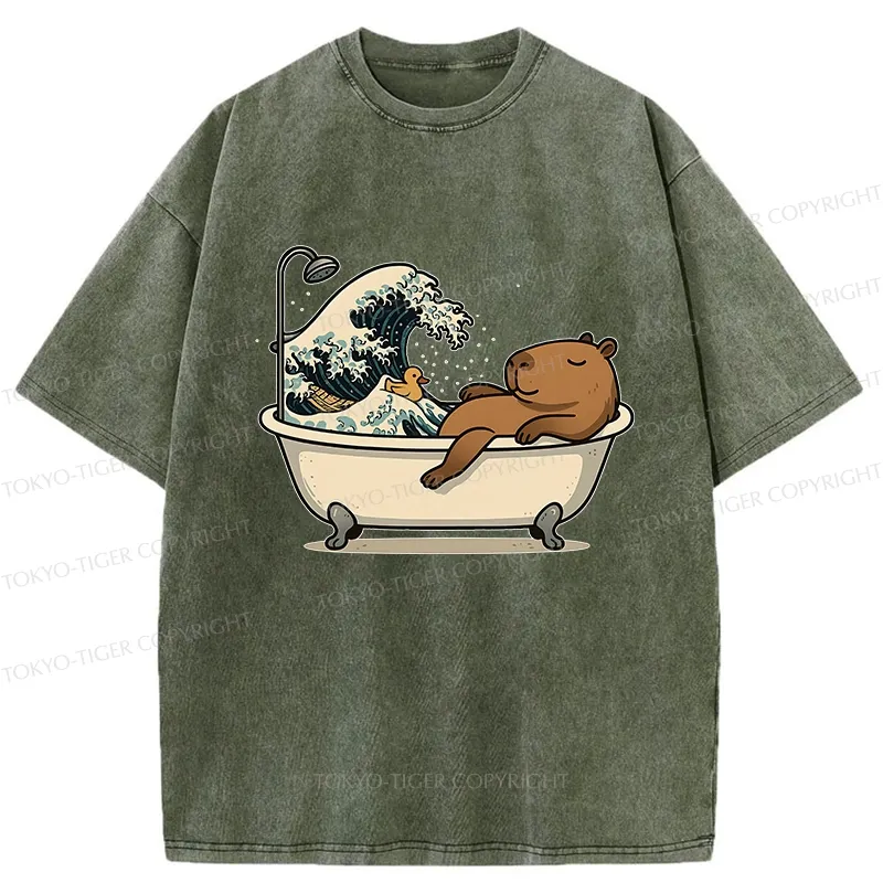 Tokyo-Tiger Funny Capybara Bathing Washed T-Shirt