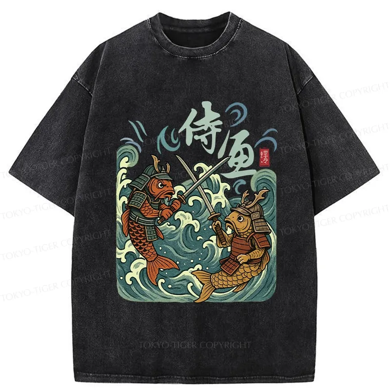 Tokyo-Tiger Japanese Samurai Fish Washed T-Shirt
