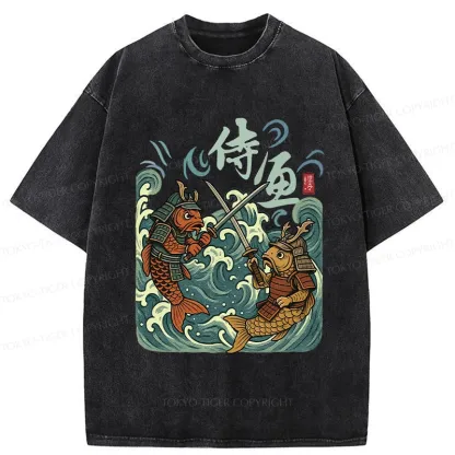 Tokyo-Tiger Japanese Samurai Fish Washed T-Shirt