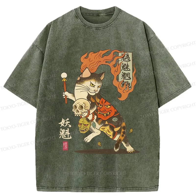 Tokyo-Tiger The Fiery Spirit Of The Yokai Cat Washed T-Shirt