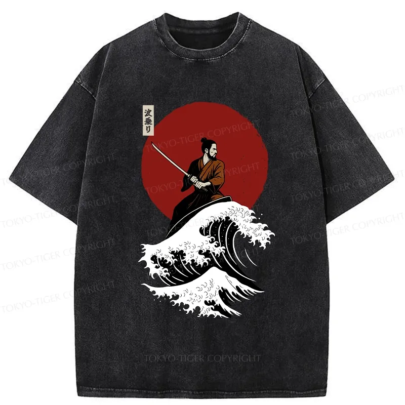 Tokyo-Tiger Surfing Japanese Samurai Washed T-Shirt