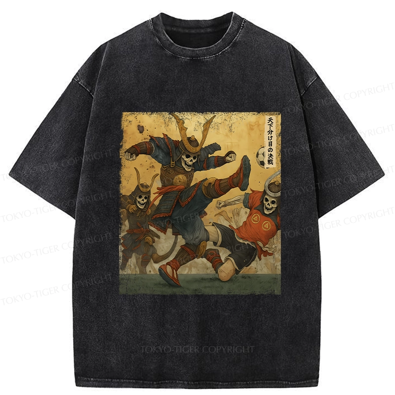 Tokyo-Tiger Skeleton Samurai Playing Football Washed T-Shirt