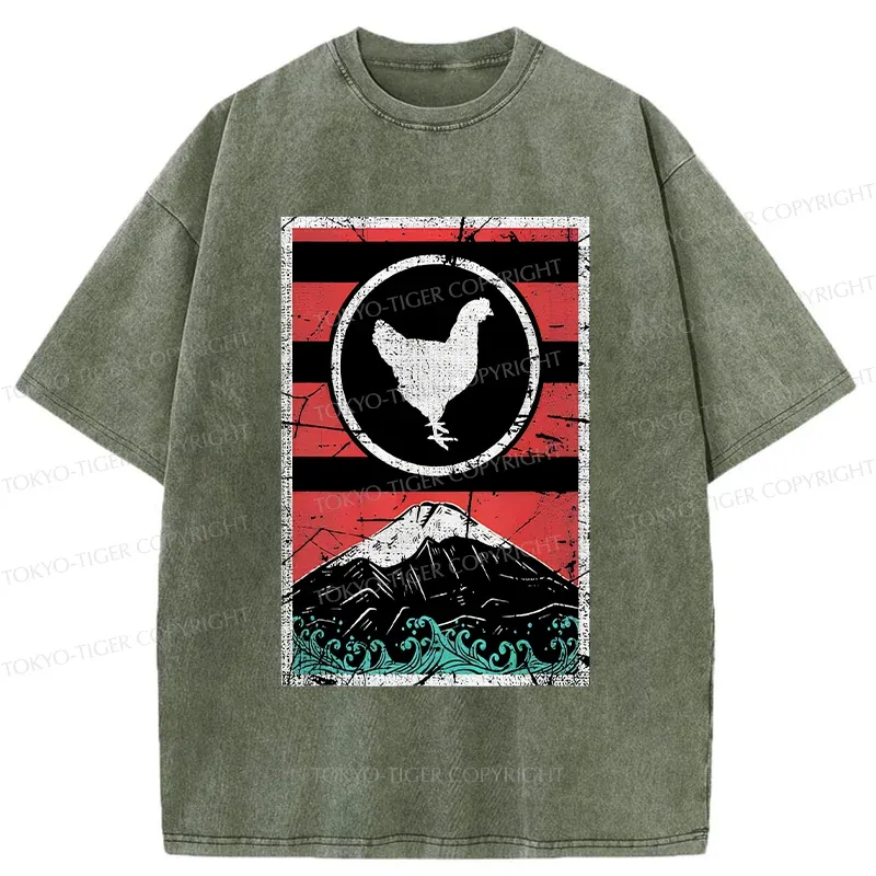 Tokyo-Tiger Mount Fuji And Chicken Washed T-Shirt