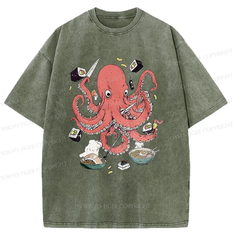 Tokyo-Tiger Octopus Chef Washed T-Shirt