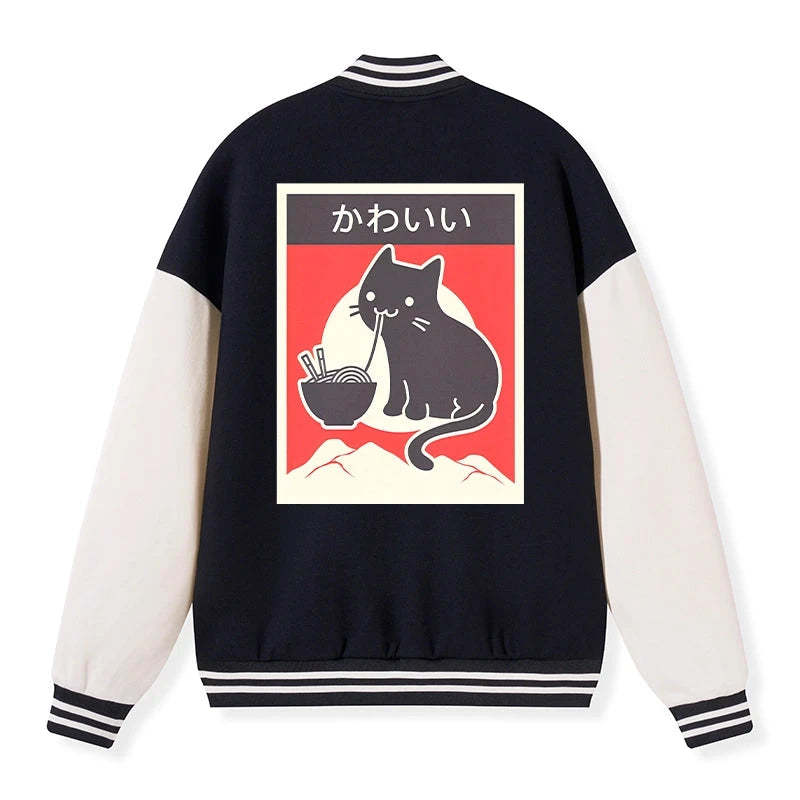 Tokyo-Tiger "Kawaii" Vintage Style Japenese Ramen Cat Embroidery Varsity Jacket-tokyo-tiger