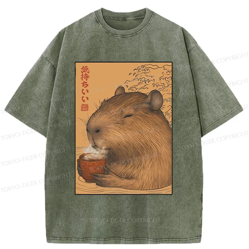 Tokyo-Tiger Capybara Taking A Bath Washed T-Shirt