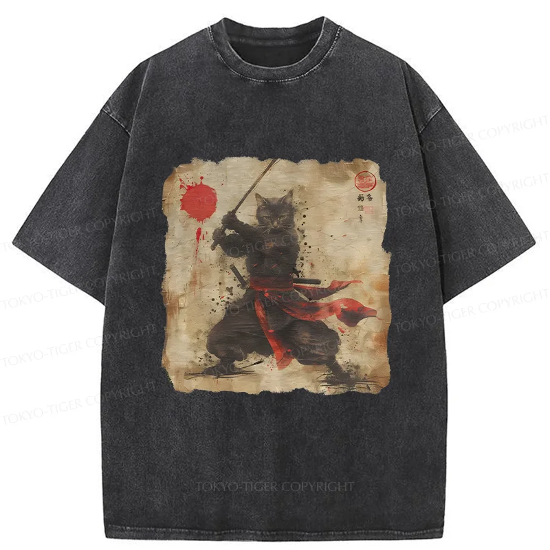 Tokyo-Tiger Retro Japanese Samurai Cat Washed T-Shirt