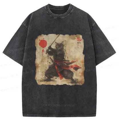 Tokyo-Tiger Retro Japanese Samurai Cat Washed T-Shirt