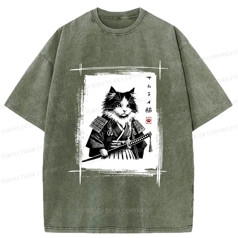 Tokyo-Tiger Tuxedo Samurai Cat Washed T-Shirt