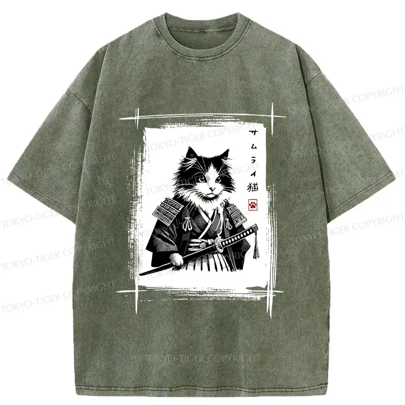 Tokyo-Tiger Tuxedo Samurai Cat Washed T-Shirt
