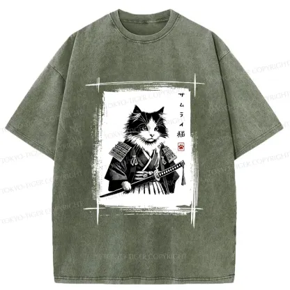 Tokyo-Tiger Tuxedo Samurai Cat Washed T-Shirt