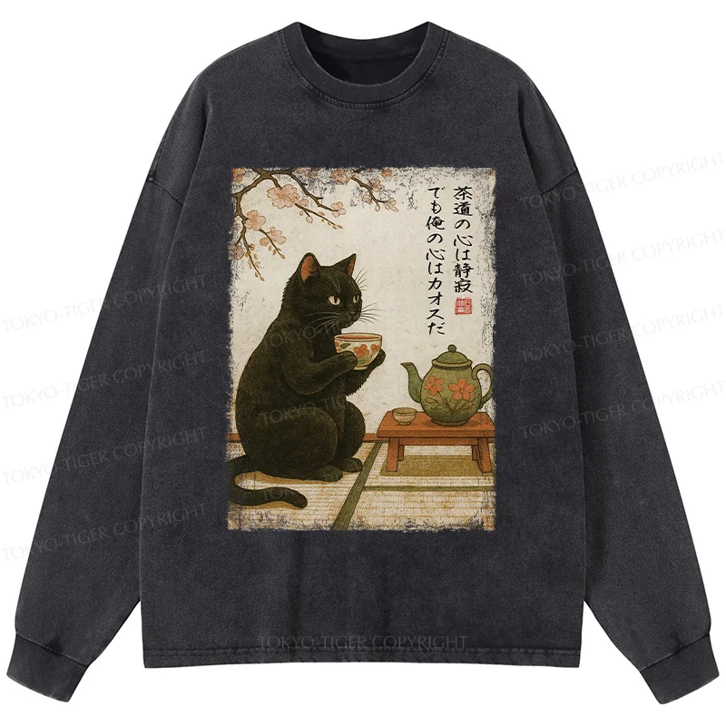 Tokyo-Tiger Tea Time With A Black Cat Washed Long Sleeve T-Shirt
