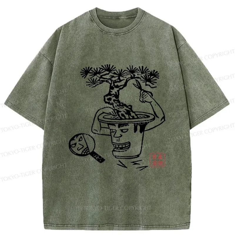Tokyo-Tiger Potted Plant Funny Washed T-Shirt