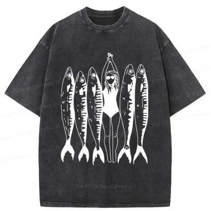 Tokyo-Tiger Swimming People And Fish Washed T-Shirt